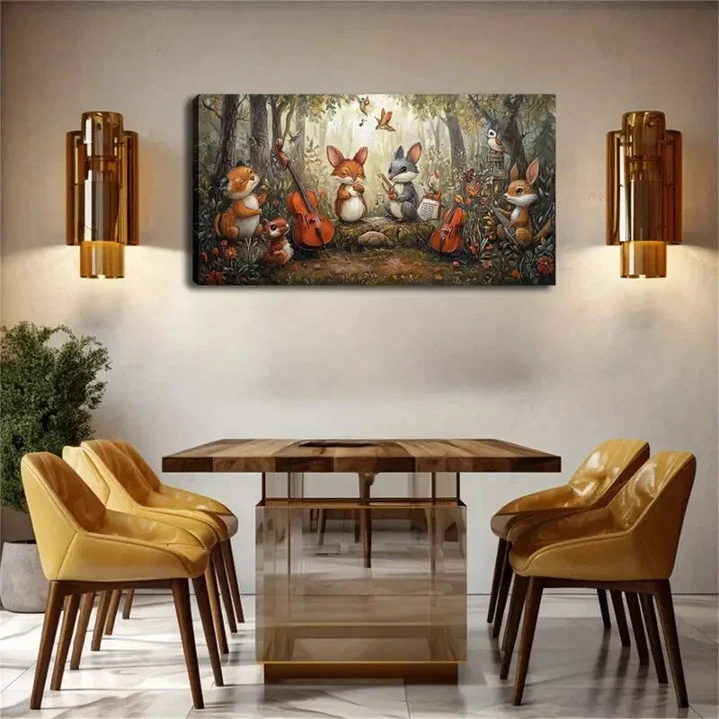 Rabbits Playing Violins Warm Wall Art Canvas Office Home Room Framed 80x45cm