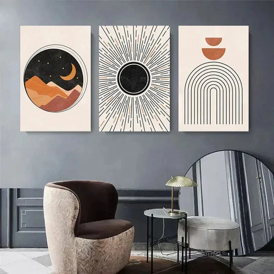 3pcs Moon, Sun, and Rainbow Design Modern Metal Print Ready to Hang Art