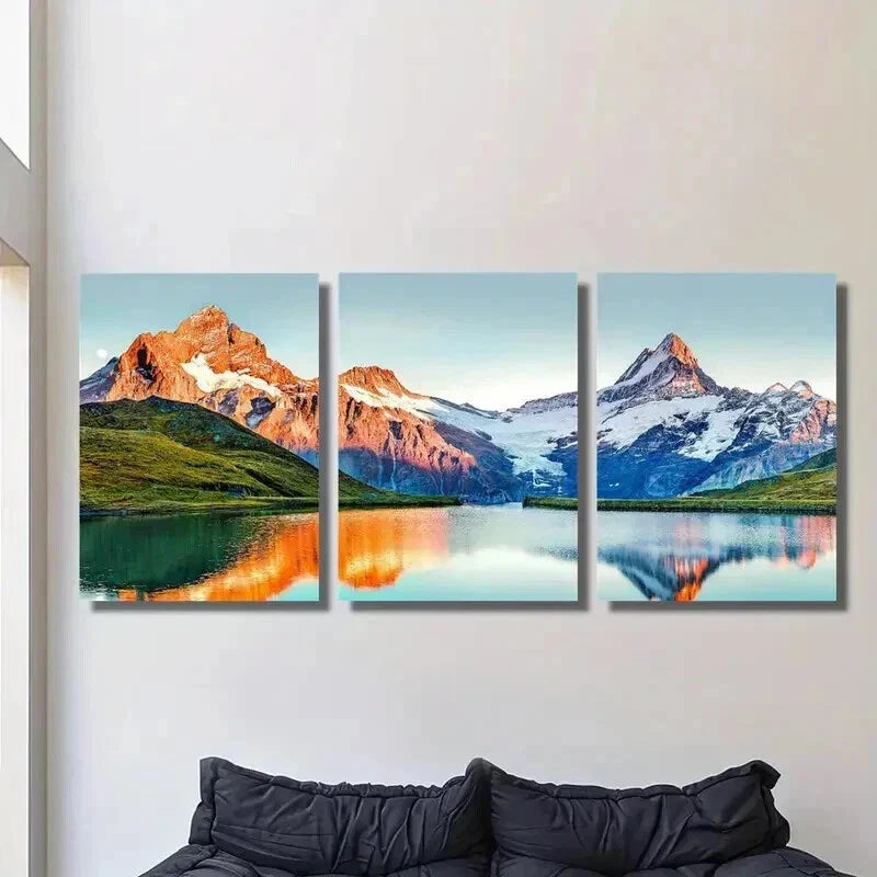 3pcs Snow Mountains Lake & Sunset Painting Wall Art Set Canvas Framed 40x60cm - High Quality Print 100% Australian Made Wall Canvas Ready to Hang