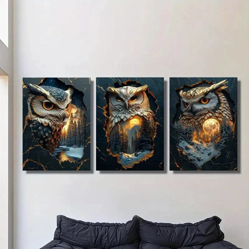 3pcs Mystical Fantasy Owl Guardian Portrait Wall Art Set Canvas Framed 40x60cm - High Quality Print 100% Australian Made Wall Canvas Ready to Hang