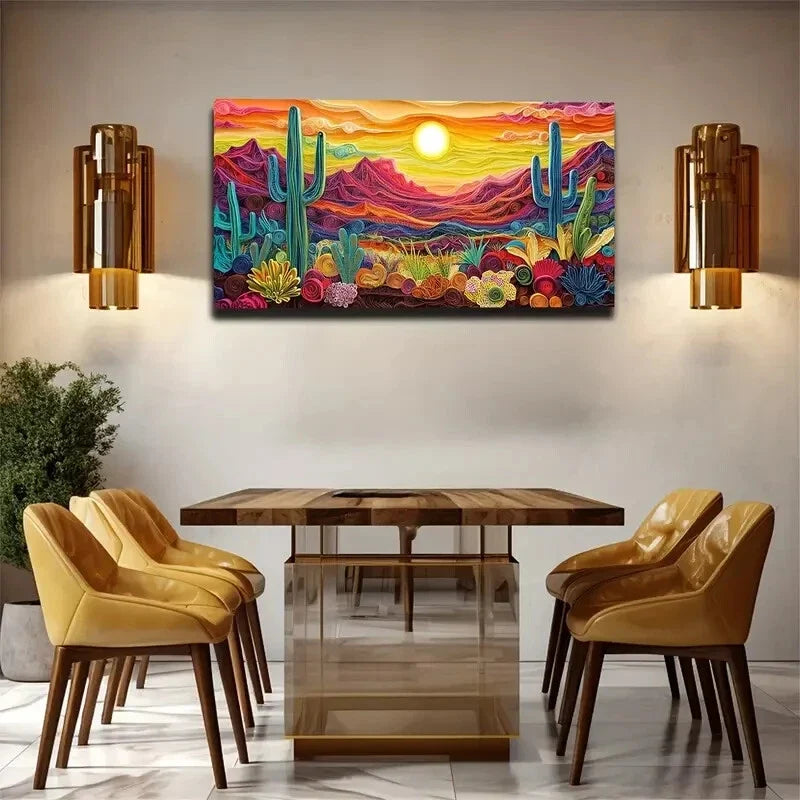 Vibrant Cactus & Mountain Wall Art Canvas Office Home Room Framed 120x60cm