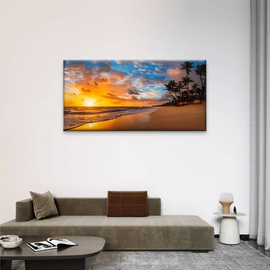 Beach Sun Palm Trees Sky Wall Art Canvas Office Home Room Framed 80x45cm