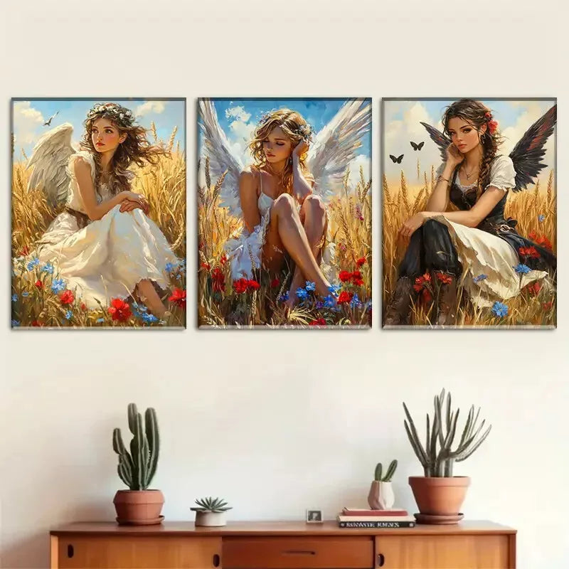 3pcs Enchanting Angel Girls in Wheat Field Wall Art Set Canvas Framed 40x60cm - High Quality Print 100% Australian Made Wall Canvas Ready to Hang