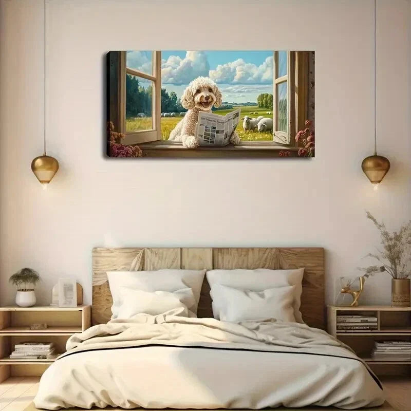Adorable Dog Reading Newvcspaper Wall Art Canvas Office Home Room Framed 120x60cm