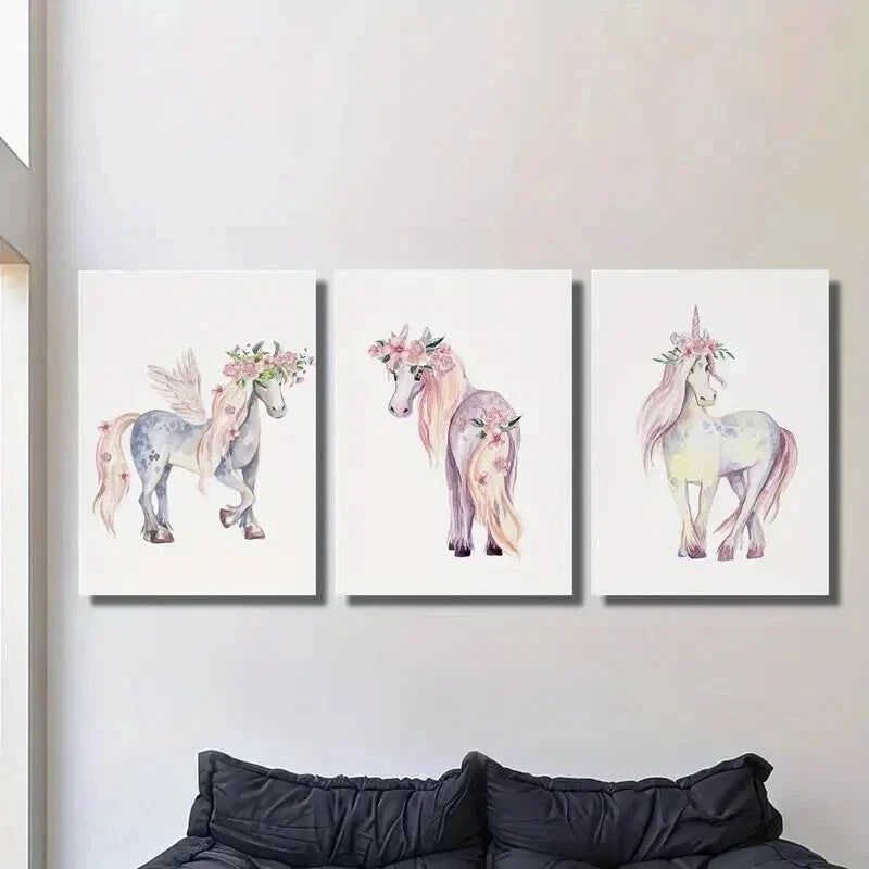 3pcs Pink Floral Unicorn Portrait Wall Art Set Canvas Framed 40x60cm - High Quality Print 100% Australian Made Wall Canvas Ready to Hang