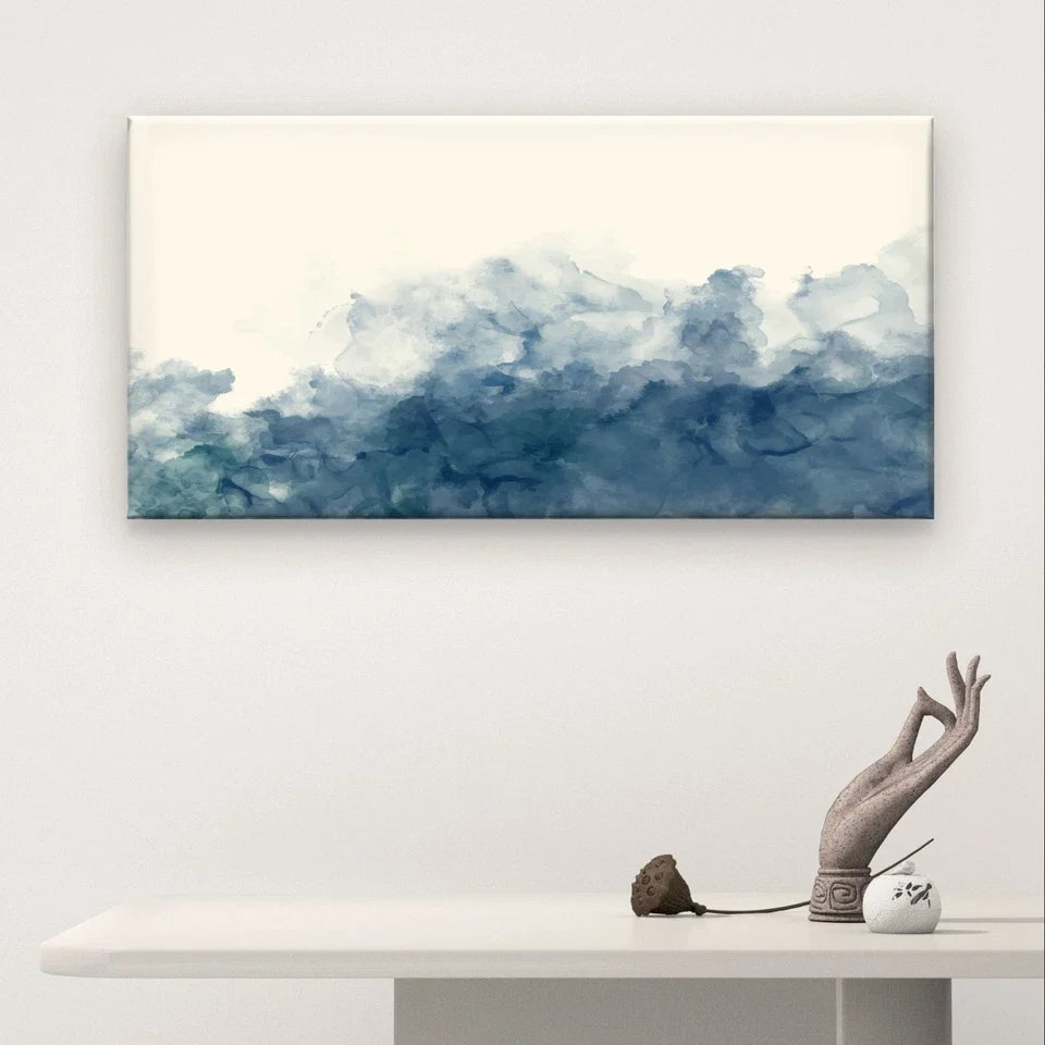 Indigo Blue Watercolour Ink Wash Wall Art Canvas Office Home Framed 120x60cm