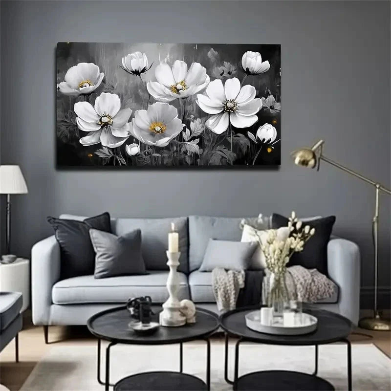 White Flowers Bohemian Modern Wall Art Canvas Office Home Room Framed 80x45cm