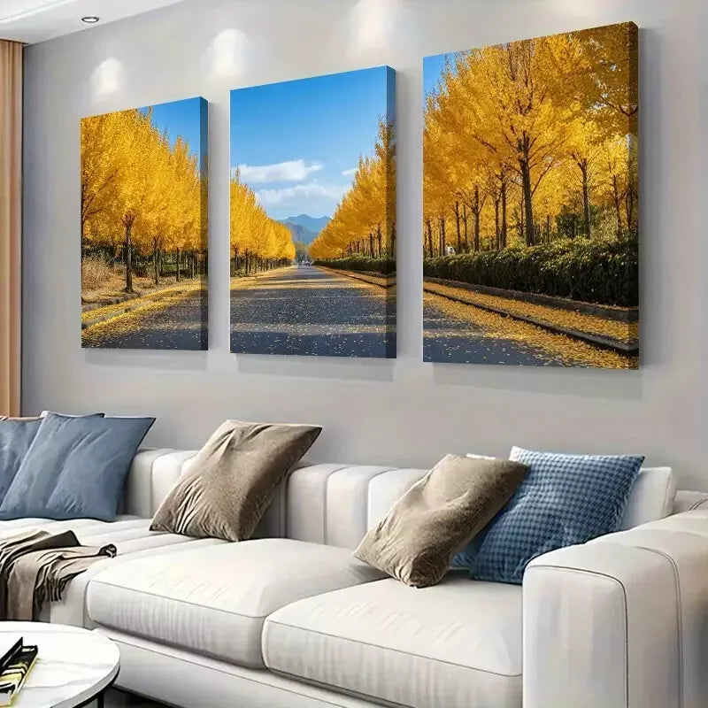 3pcs Golden Autumn Avenue Triptych Wall Art Set Canvas Framed 40x60cm - High Quality Print 100% Australian Made Wall Canvas Ready to Hang
