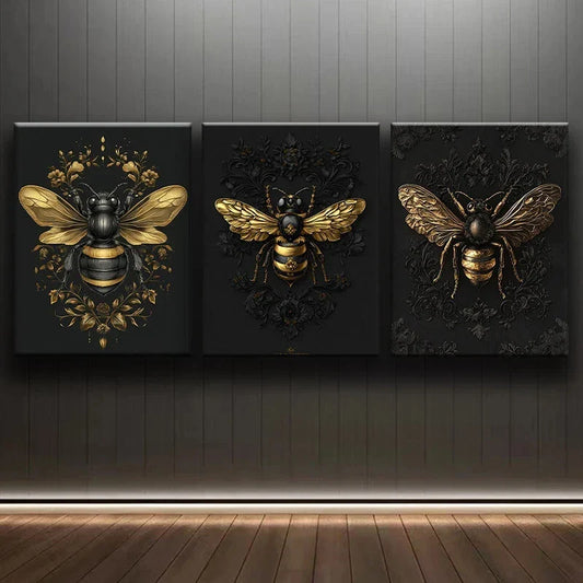 3pcs Black & Stunning Golden Bees Metal Print Ready to Hang Art