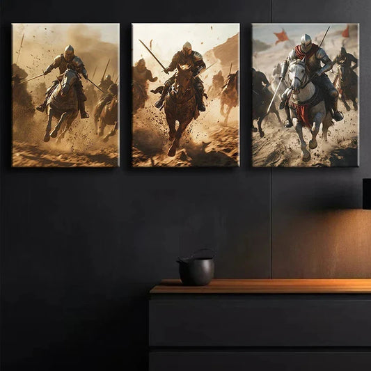 3pcs Armored Knights Battle Scene Metal Print Ready to Hang Art