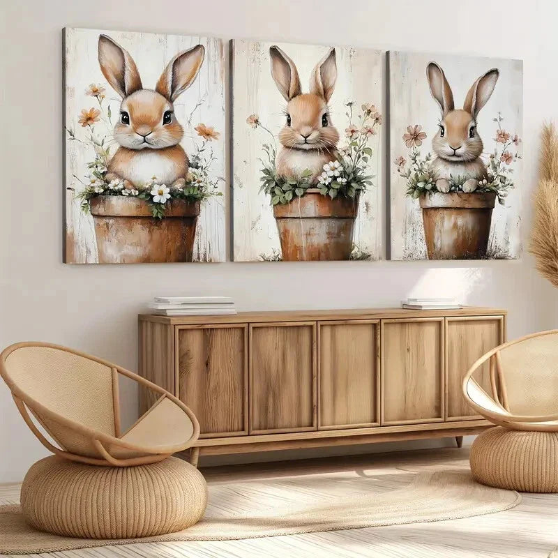 3pcs Cute Little Rabbit Flower Pot Elegant Wall Art Set Canvas Framed 40x60cm - High Quality Print 100% Australian Made Wall Canvas Ready to Hang
