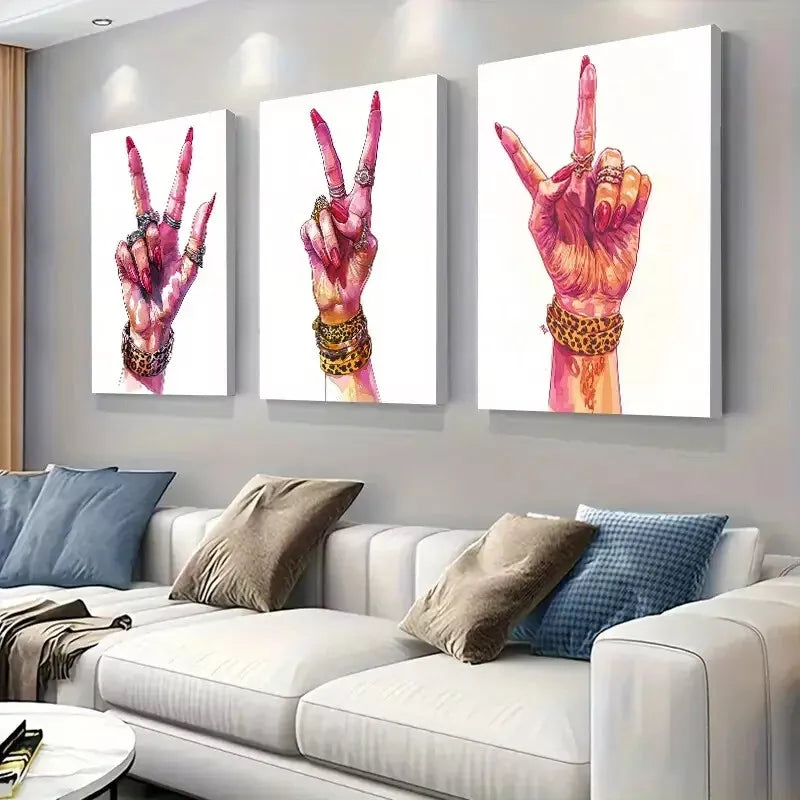 3pcs Fashionable Hand Gesture Triptych Wall Art Set Canvas Framed 40x60cm - High Quality Print 100% Australian Made Wall Canvas Ready to Hang