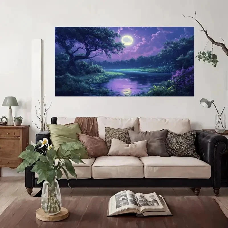 Moonlit River Night Scene Wall Art Canvas Office Home Room Framed 120x60cm
