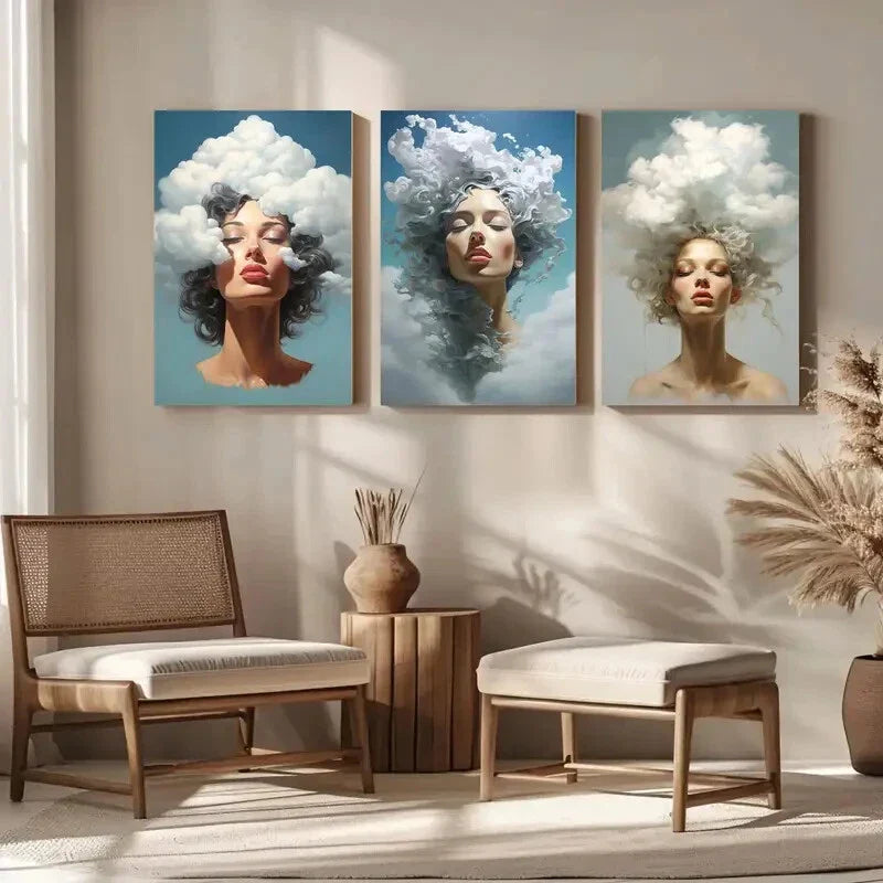 3pcs Head In The Clouds Woman Metal Print Ready to Hang Art