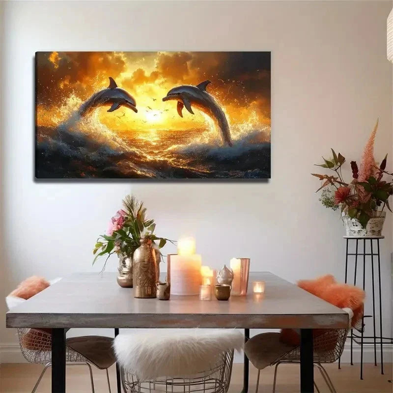 Golden Sunset Dolphin Wall Art Canvas Office Home Room Framed 120x60cm