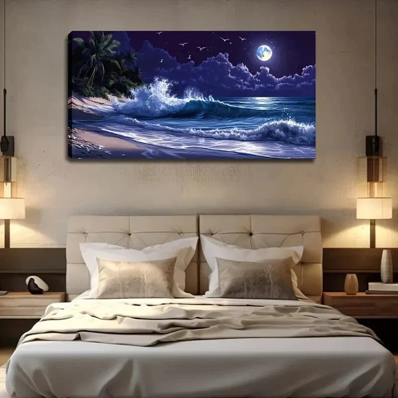Moonlit Beach Scene With Waves Wall Art Canvas Office Home Room Framed 120x60cm