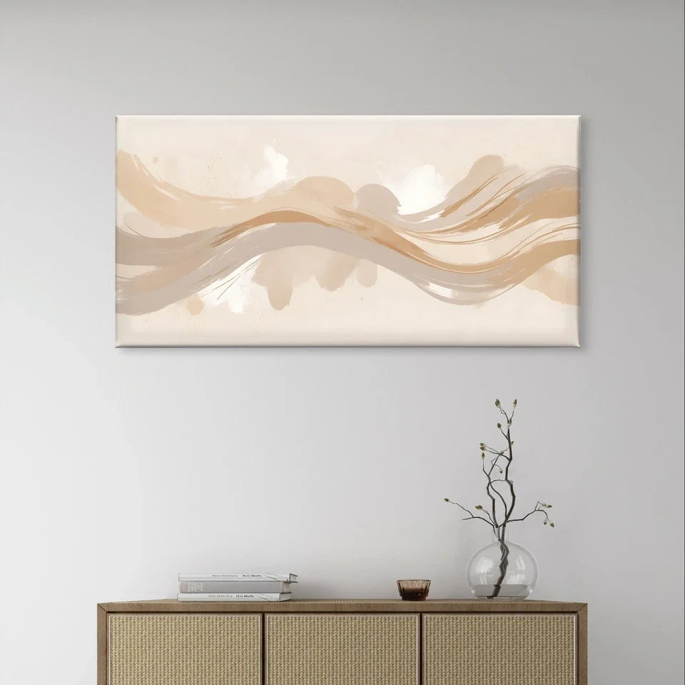 Neutral Beige Brush Stroke Waves Wall Art Canvas Office Home Framed 80x45cm