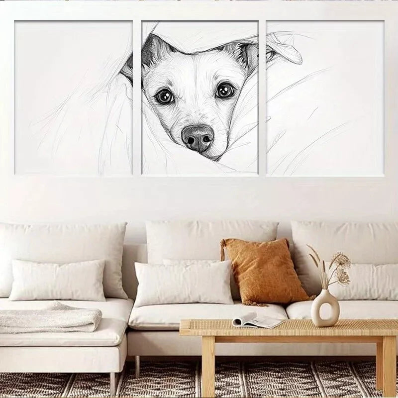 3pcs Cozy puppy Black and White SketchWall Art Set Canvas Framed 40x60cm - High Quality Print 100% Australian Made Wall Canvas Ready to Hang