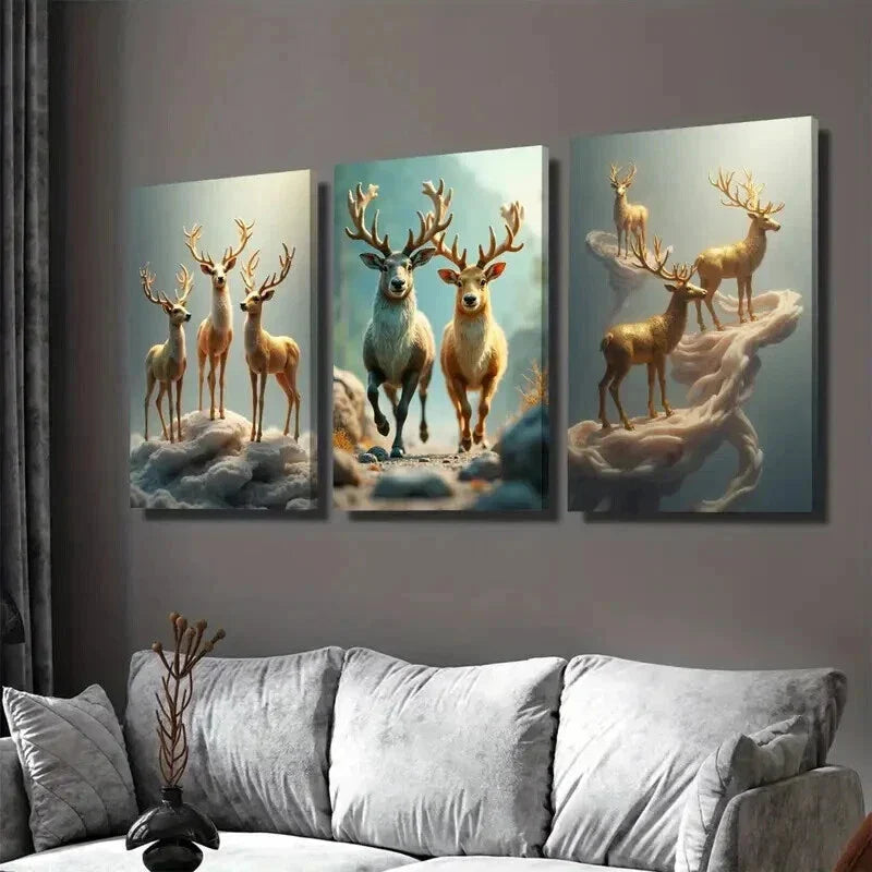 3pcs Deer Forest Elegant Classic Paintings Wall Art Set Canvas Framed 40x60cm - High Quality Print 100% Australian Made Wall Canvas Ready to Hang