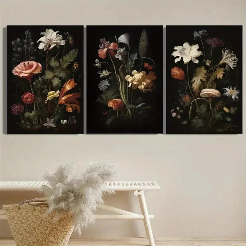 3pcs Dark Botanical Gallery Decor Wall Art Set Canvas Framed 40x60cm - High Quality Print 100% Australian Made Wall Canvas Ready to Hang