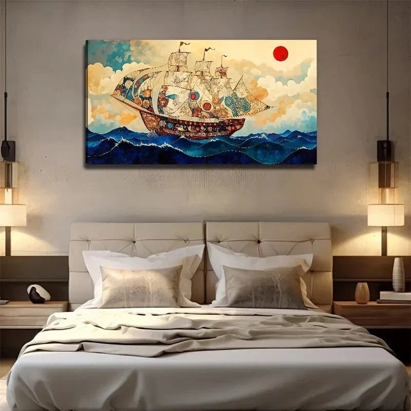 Sailboat On The Sea Red Sun Wall Art Canvas Office Home Room Framed 120x60cm