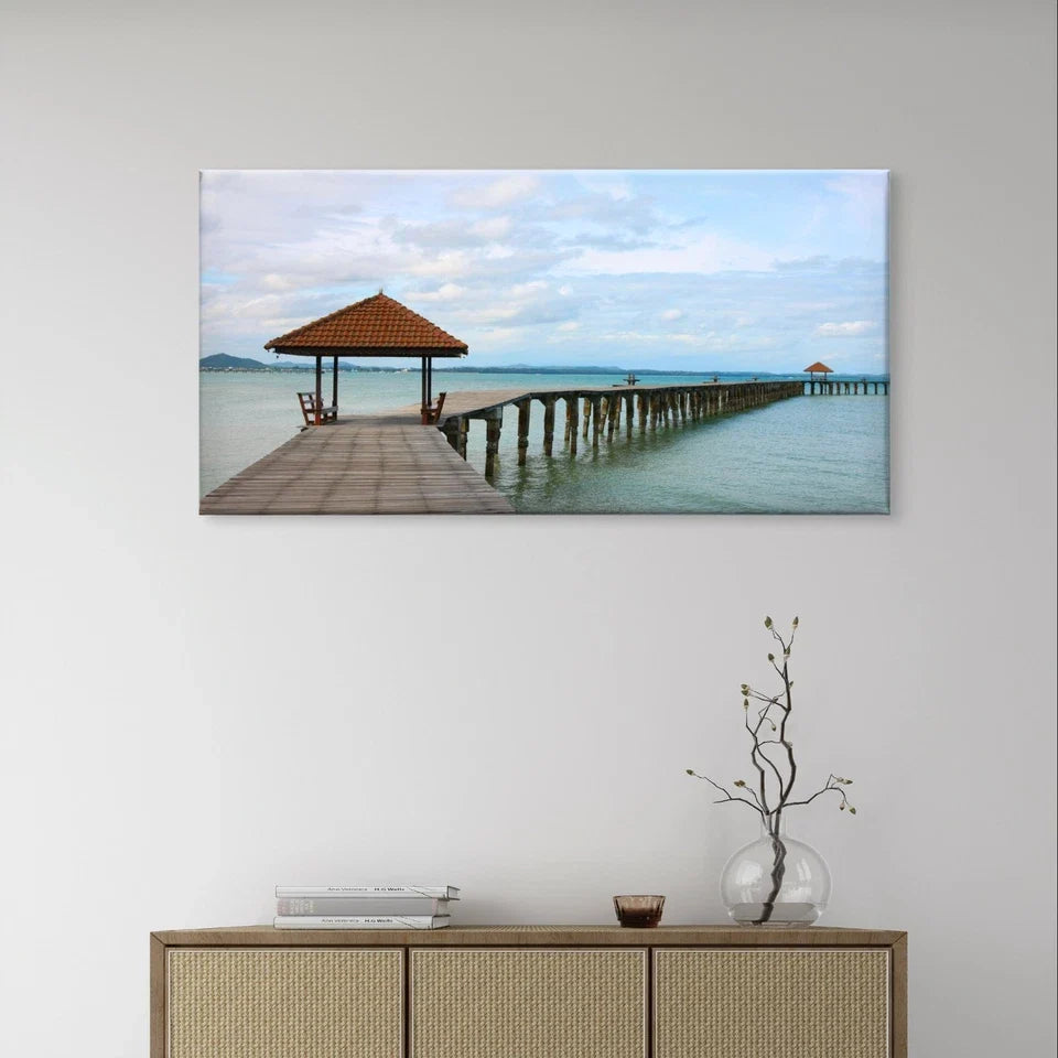 Wooden Pier and Beach Landscape Wall Art Canvas Office Home Framed 120x60cm