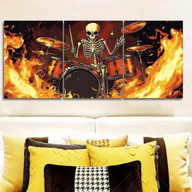 3pcs Skeletons Play Drums Art Painting, Metal Print Ready to Hang Art