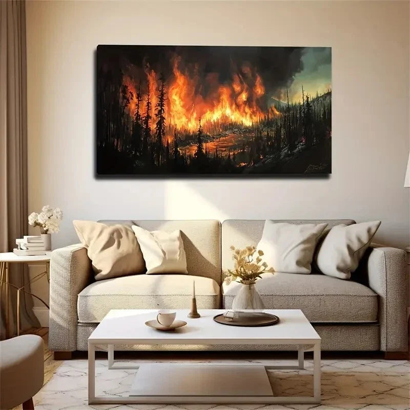 Wildfire Forest Smoke Vibrant Wall Acrt Canvas Office Home Room Framed 120x60cm