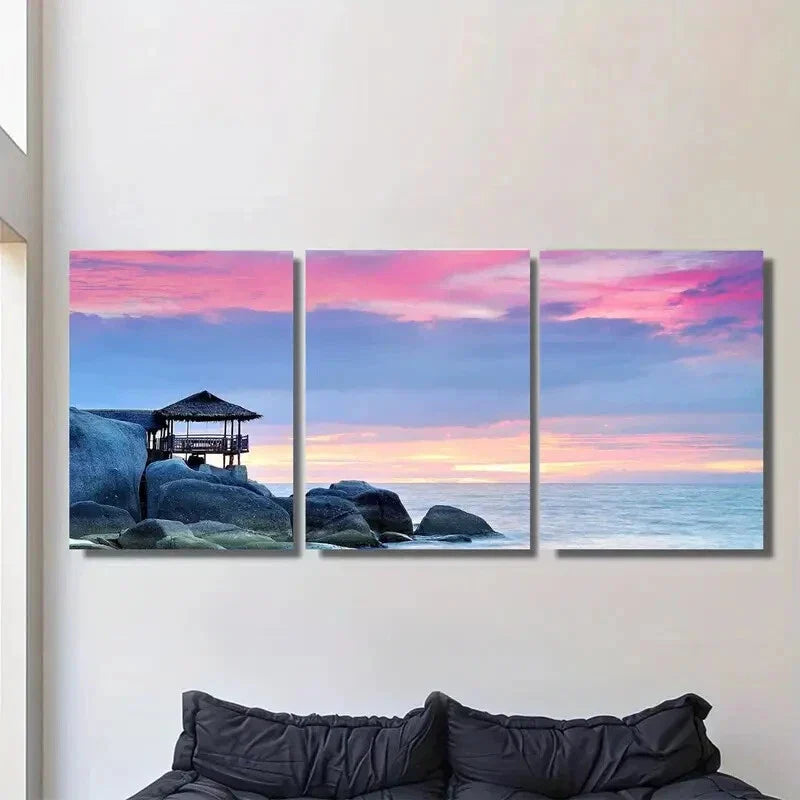 3pcs Coastal Sunset Triptych Beach Hut & Ocean Metal Print Ready to Hang Art