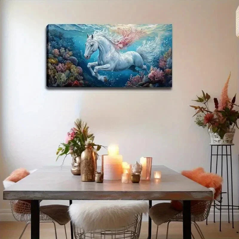 Majestic White Horse Underwater Wall Art Canvas Office Home Room Framed 120x60cm