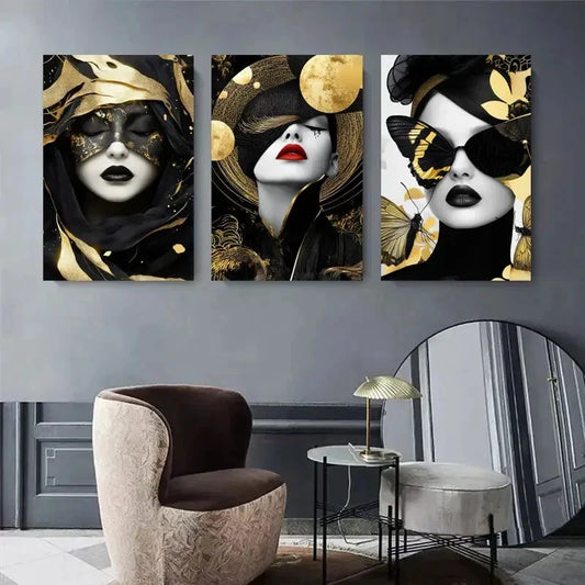 3pcs Elegant Woman Portrait Black and Gold Metal Print Ready to Hang Art
