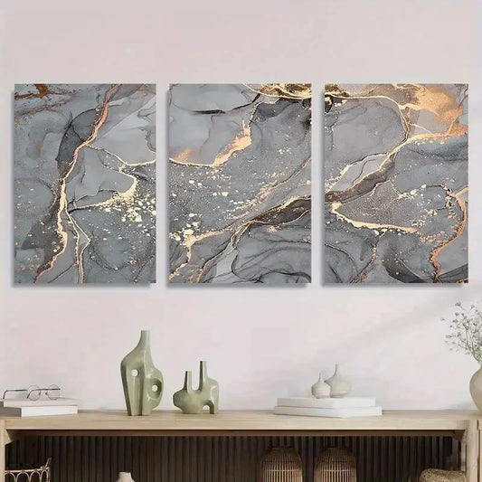 3pcs Modern Abstract Gray & Golden Marble Metal Print Ready to Hang Art