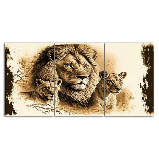 3 Piece Lion And Lioness Painting Style Canvas Framed 40x60cm - High Quality Print 100% Australian Made Wall Canvas Ready to Hang