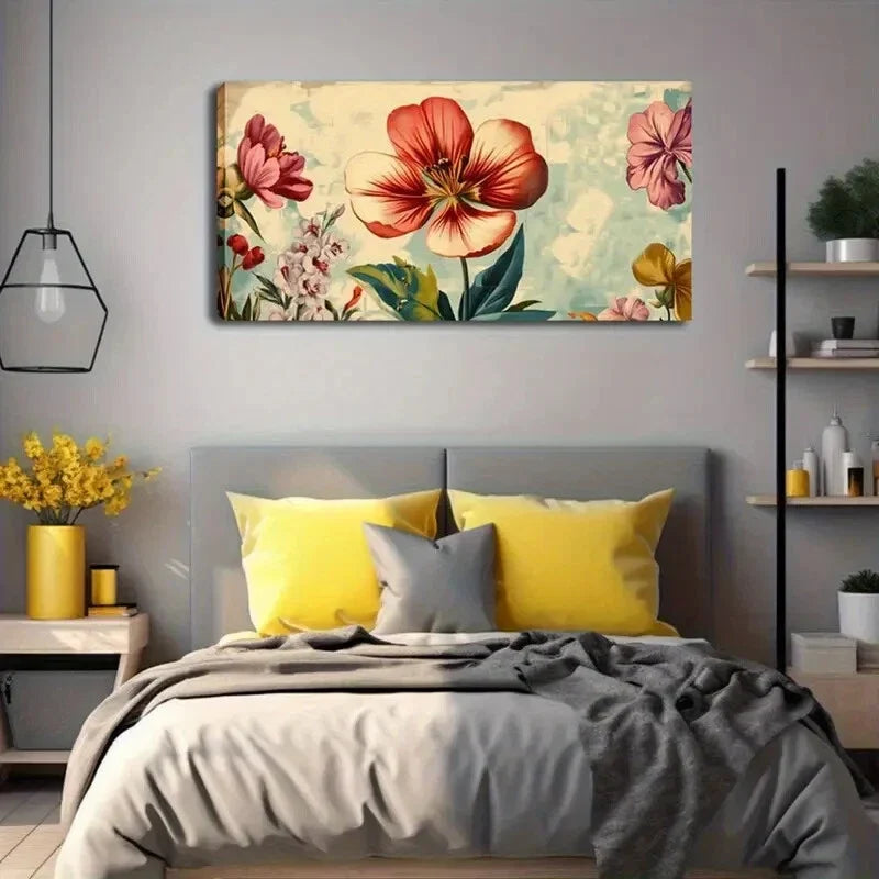 Orange & Blue Flowers Light Wall Art Canvas Office Home Room Framed 120x60cm