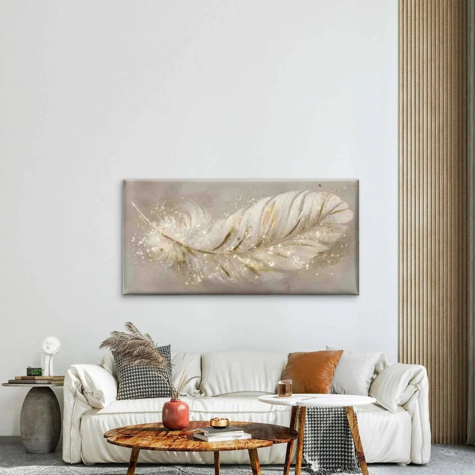 Golden Sparkle Feather Wall Art Canvas Office Home Room Framed 120x60cm