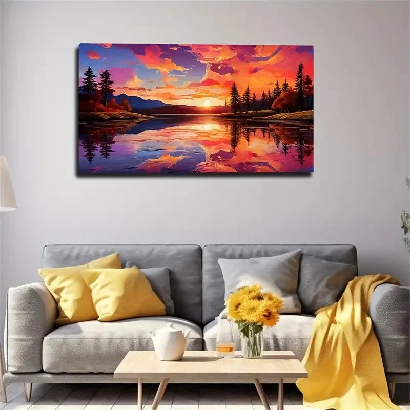 Vibrant Sunset Lake Reflection Wall Art Canvas Office Home Room Framed 120x60cm