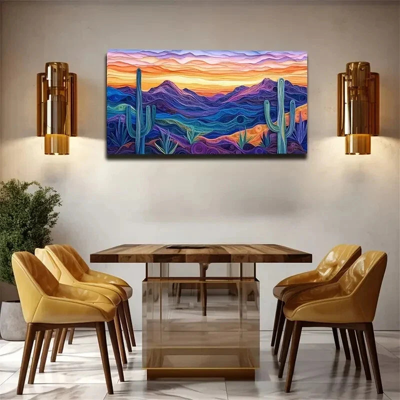 Desert Sunset Cacti & Mountains Wall Art Canvas Office Home Room Framed 120x60cm