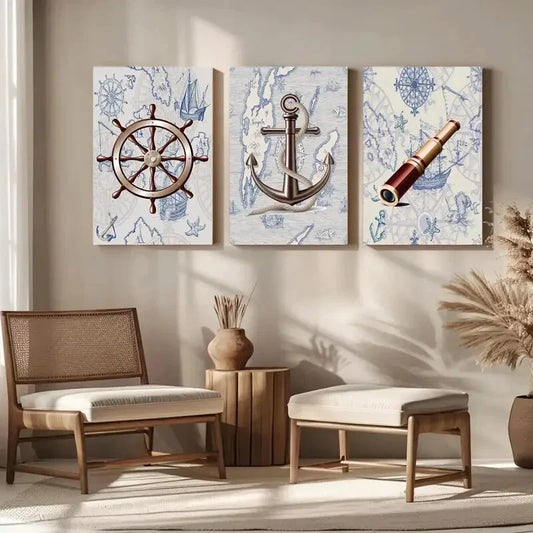3pcs Ocean Theme Steering Wheel Telescope Ship Metal Print Ready to Hang Art