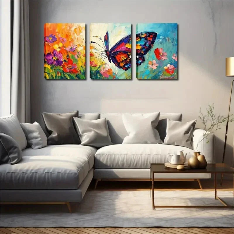 3pcs Vibrant Butterfly and Flower Triptych Wall Art Set Canvas Framed 40x60cm - High Quality Print 100% Australian Made Wall Canvas Ready to Hang