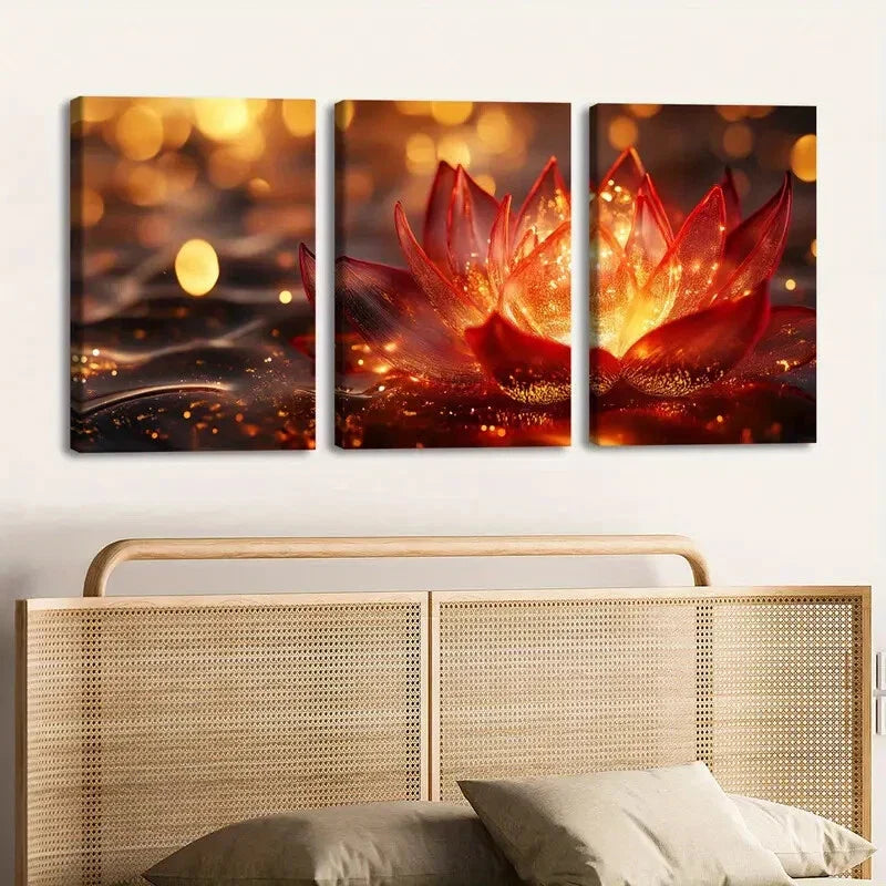 3pcs Vibrant Lotus Flower Paint Golden Hues Gold Wall Art Set Canvas Framed 40x60cm - High Quality Print 100% Australian Made Wall Canvas Ready to Hang