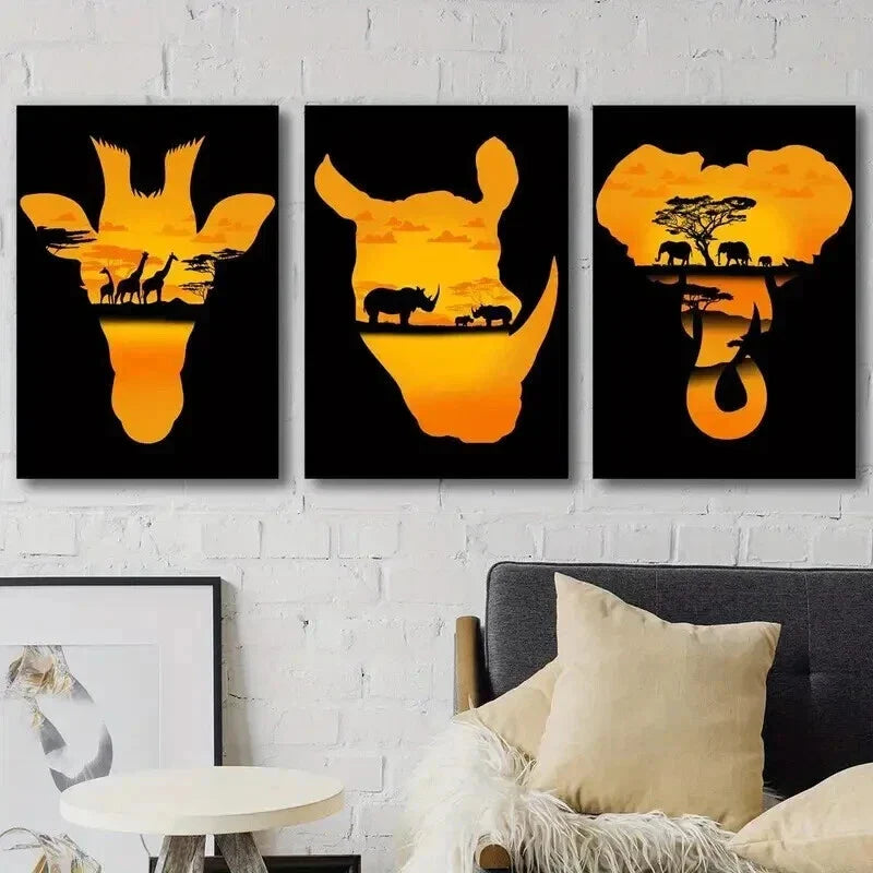 3pcs Giraffe Rhino Elephant at Sunset Wall Art Set Canvas Framed 40x60cm - High Quality Print 100% Australian Made Wall Canvas Ready to Hang