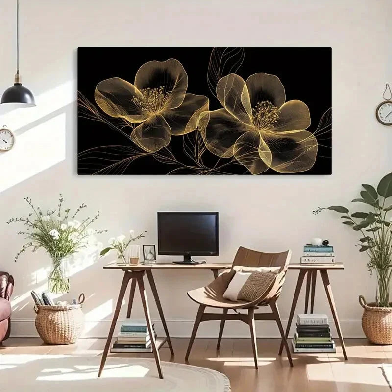 Elegant Golden Floral Design Wall Art Canvas Office Home Room Framed 120x60cm