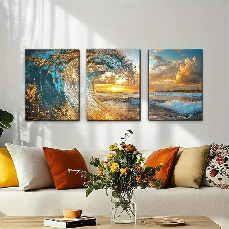 3pcs Sea Sunset Surfing Beach Scene Perfect Wall Art Set Canvas Framed 40x60cm - High Quality Print 100% Australian Made Wall Canvas Ready to Hang