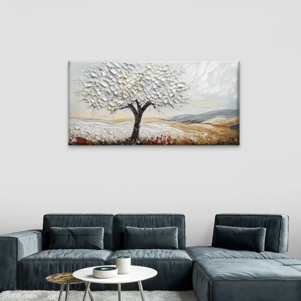 The White Tree Middle Field Wall Art Canvas Office Home Room Framed 120x60cm