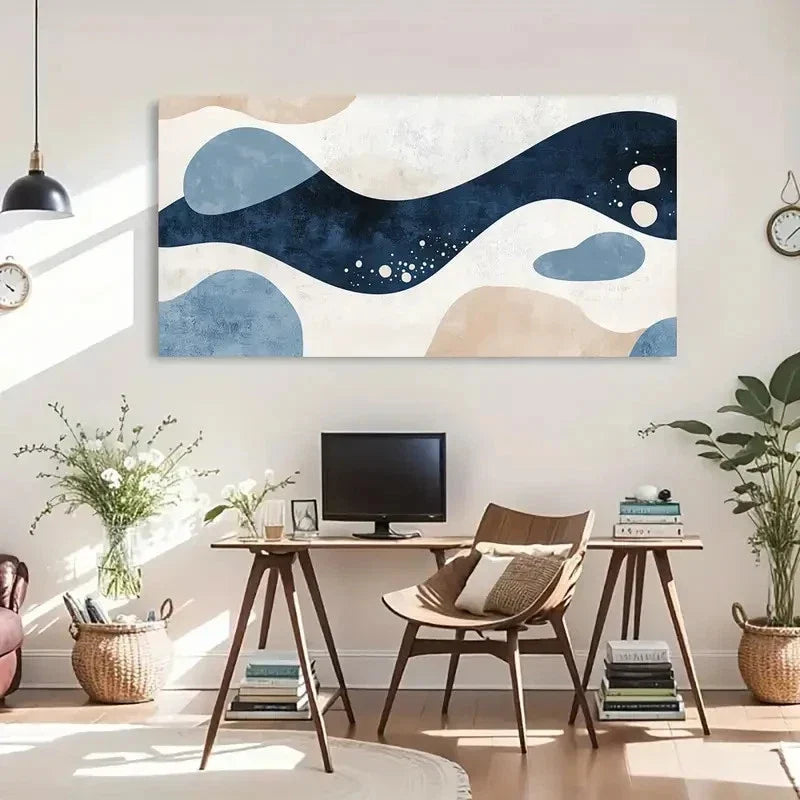 Blue & Beige Modern Abstract Wall Art Canvas Office Home Room Framed 120x60cm