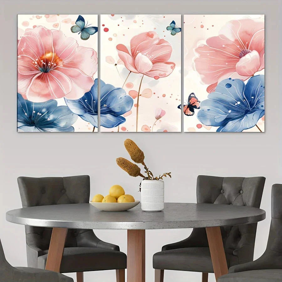 3pcs Butterfly and Flower Decorations Paintings Metal Print Ready to Hang Art