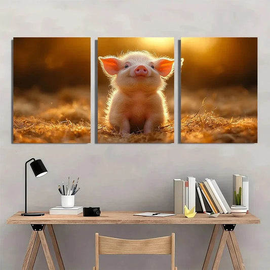 3pcs Charming Piglet Vibrant Sunset Metal Print Ready to Hang Art