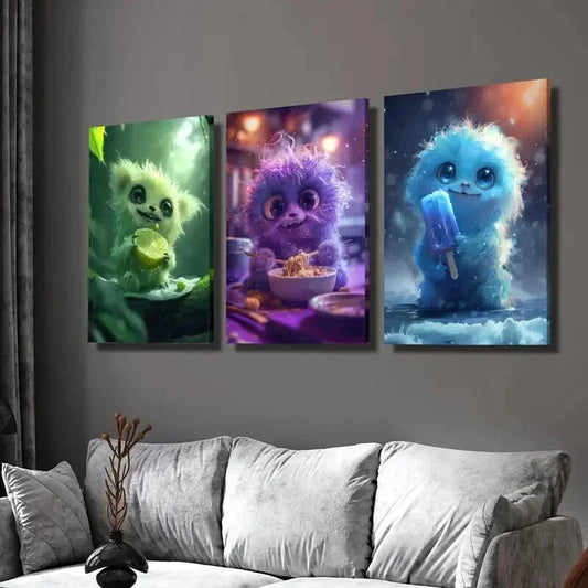 3pcs Monster Eating Noodles Ice Cream Lemon Wall Art Set Canvas Framed 40x60cm - High Quality Print 100% Australian Made Wall Canvas Ready to Hang