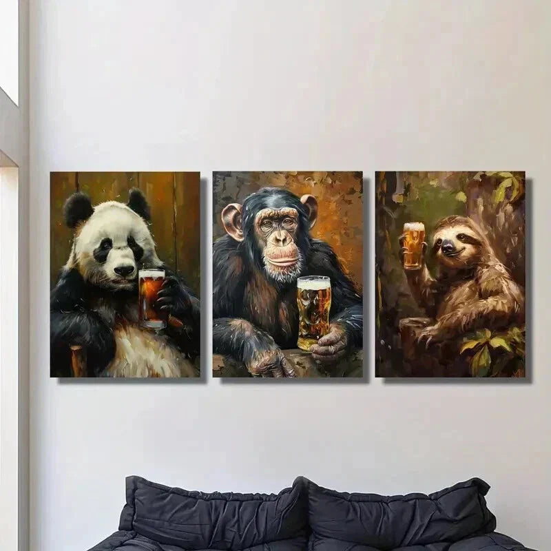 3pcs Cute Wild Animal Drinking Beer Wall Art Set Canvas Framed 40x60cm - High Quality Print 100% Australian Made Wall Canvas Ready to Hang