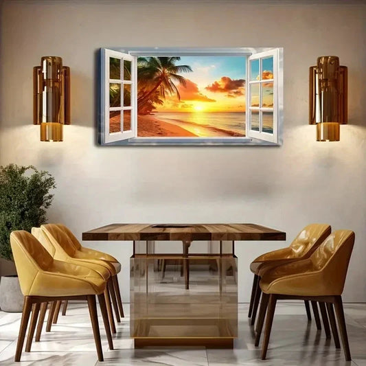 Tropical Beach Sunset Scene Wall Art Canvas Office Home Room Framed 80x45cm